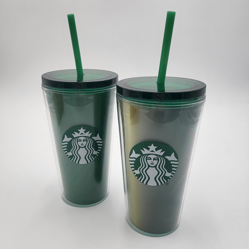 (2) Starbucks Coffee Solid & Gradient Green 16oz Cold Cups Tumblers w/lid, straw